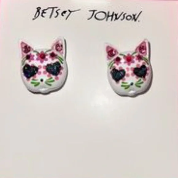 New Betsey Johnson Sugar Skull Cat Stud Earrings - Picture 11 of 12
